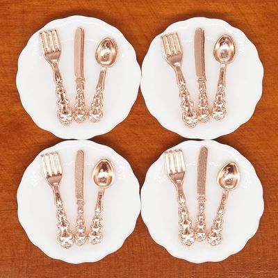 Odoria 1/12 Miniature Plates and Silverware Set Dollhouse Accessories, Copper