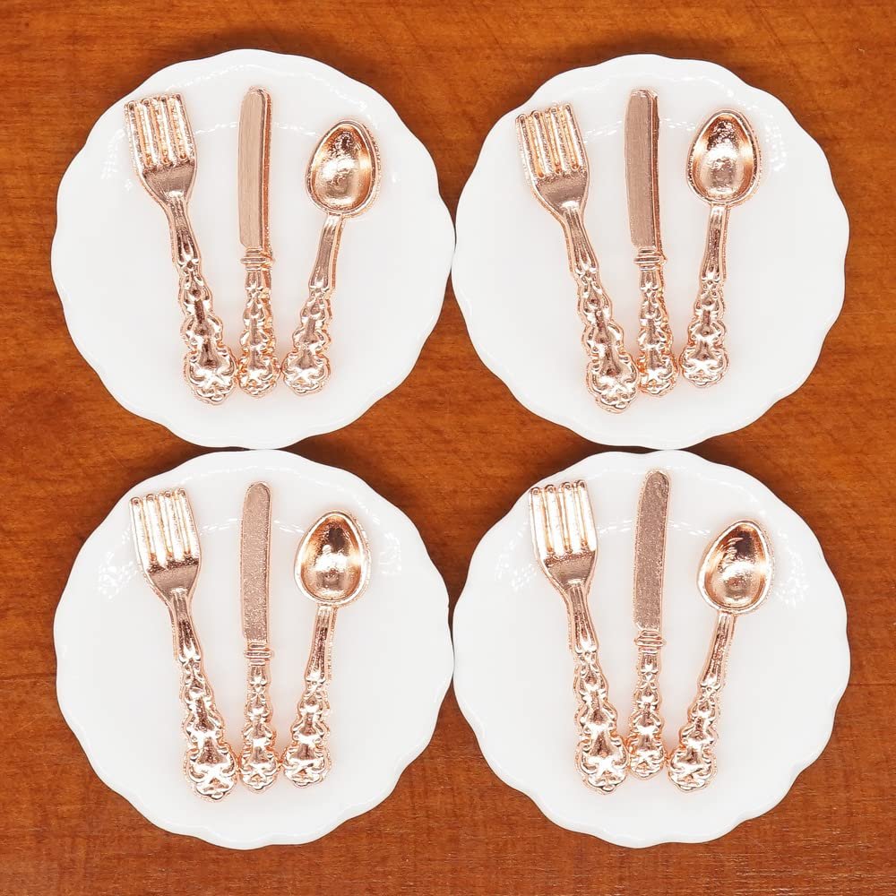 Odoria 1/12 Miniature Plates and Silverware Set Dollhouse Accessories, Copper