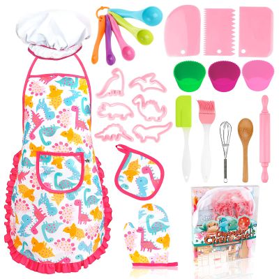 KAEGREEL Kids Baking Set 26Pcs with Dinosaur Apron & Hat Cooking Chef Dress Up Role Play Toys, Kitchen Toys Pretend Play Gifts for Girls Boys Aged 3 4 5 6 8 Years Old