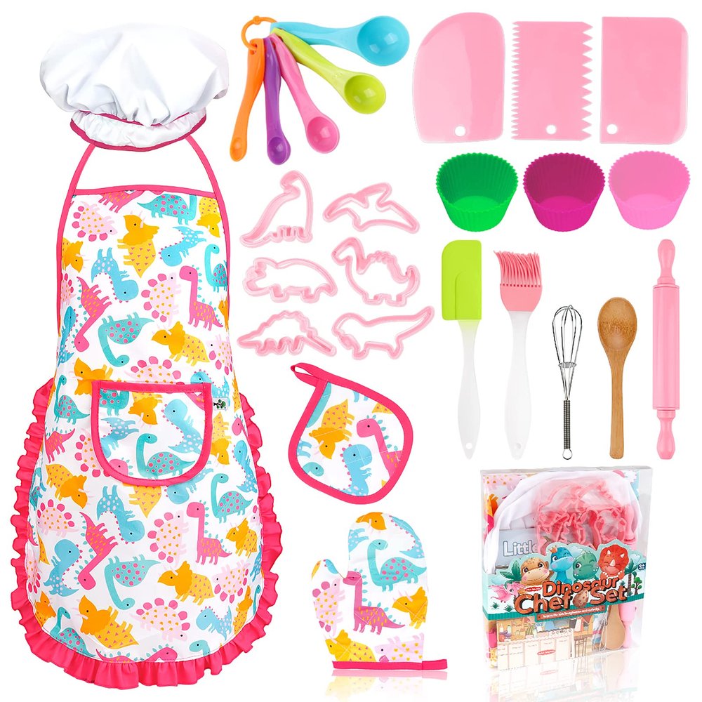 KAEGREEL Kids Baking Set 26Pcs with Dinosaur Apron & Hat Cooking Chef Dress Up Role Play Toys, Kitchen Toys Pretend Play Gifts for Girls Boys Aged 3 4 5 6 8 Years Old