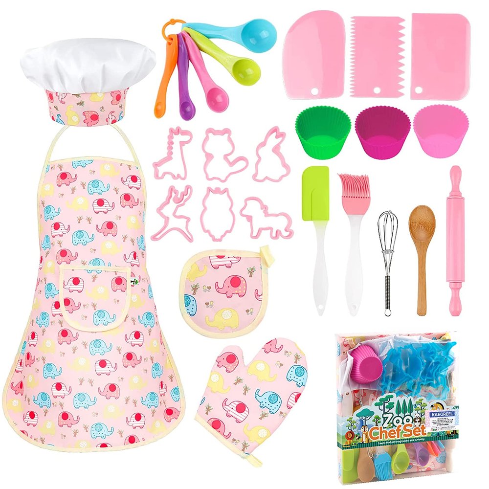 KAEGREEL Elephant Baking Chef Set for Kids, 26 Pcs Kids Cooking Set with Elephant Apron & Hat, Chef Supplies Kitchen Toys Dress Up Role Play Gifts for Girls Boys Aged 3-8