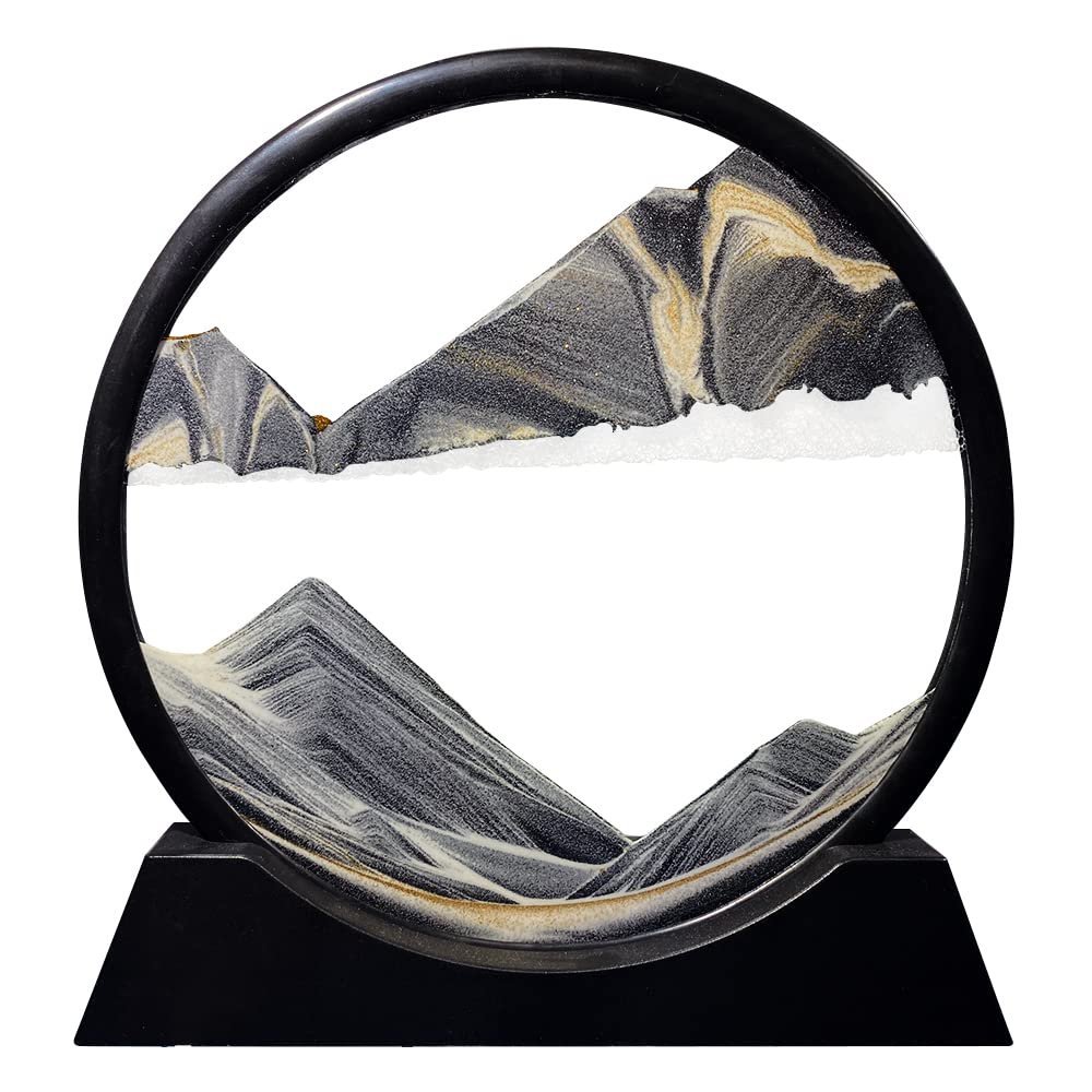 Aoderun Moving Sand Art Picture Round Glass 3D Deep Sea Sandscape in Motion Display Flowing Sand Frame Relaxing Desktop Home Office Work Decor (7", New Black)
