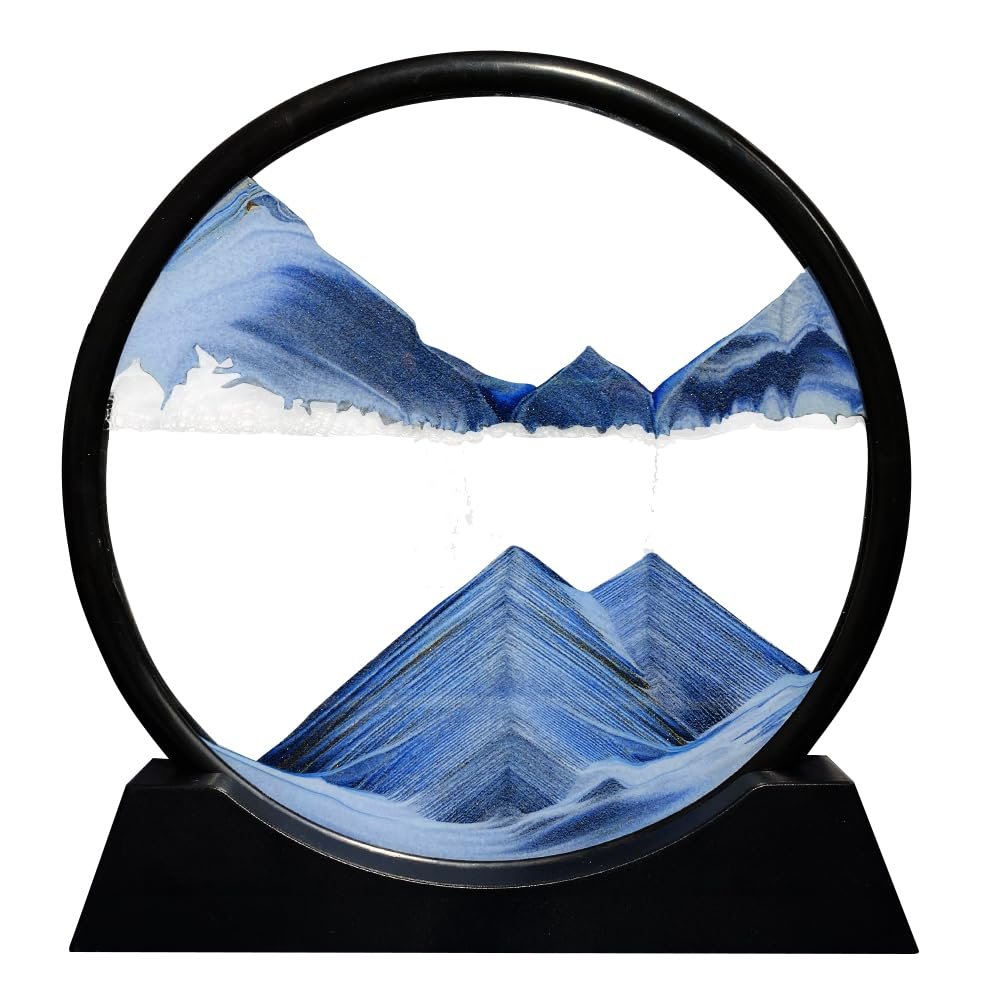 Aoderun Moving Sand Art Picture Round Glass 3D Deep Sea Sandscape in Motion Display Flowing Sand Frame Relaxing Desktop Home Office Work Decor (12", New Blue)