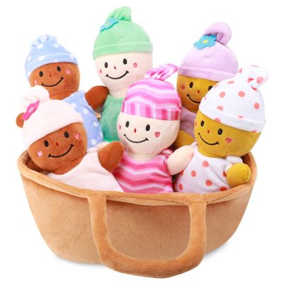 Qpewep Basket Plush Baby Dolls Soft Multicultural Sensory Babies Toy Set 6 Piece Interchangeable Clothes Stuffed Plush Figures for All Ages Easter Gift