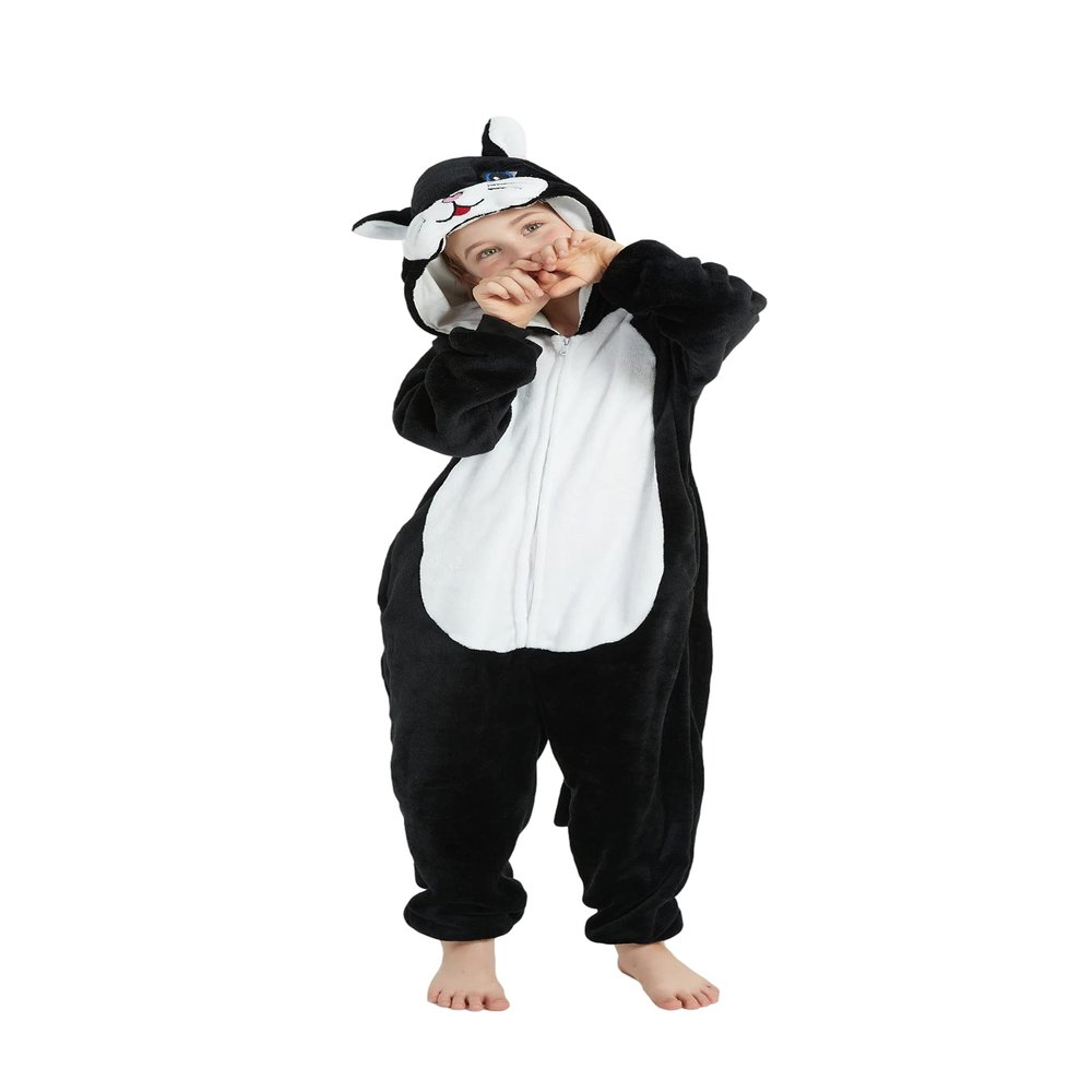 ACOGNA Cat Onesie Kids Costume for Girls Plush Animal One Piece Pajamas Halloween Christmas Cosplay Teen Sleepwear (Black Cat, 12-13 years)