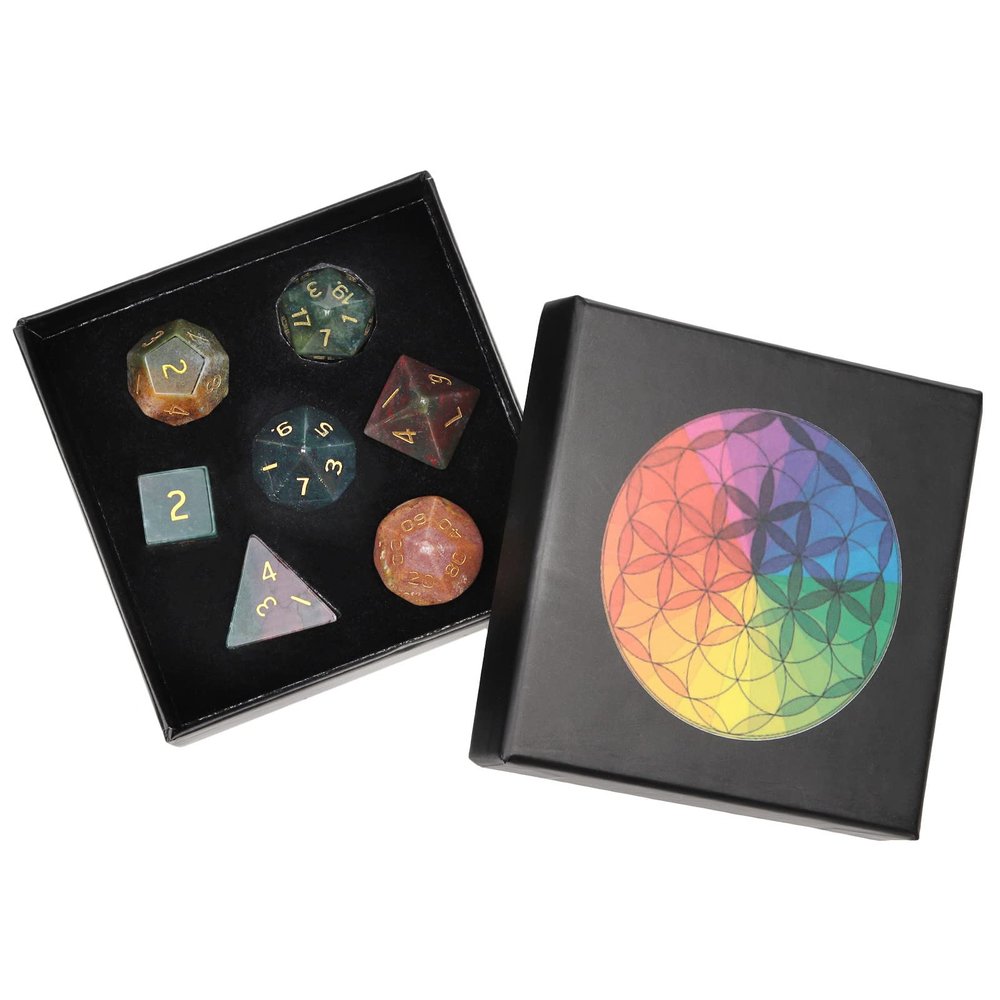 Nupuyai Healing Indian Agate Crystal D&D Polyhedral Dice Set with Box, Set of 7 Table Top Game Dice for MTG Roleplaying Collection