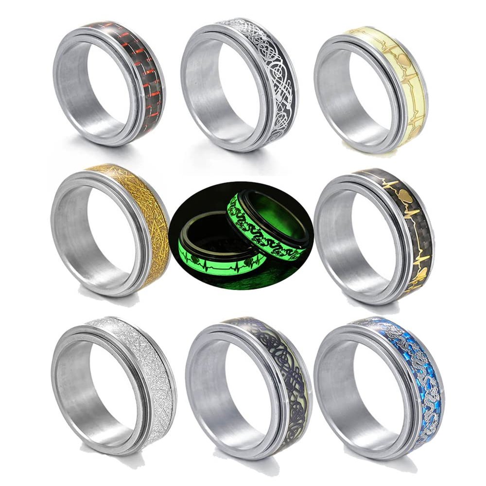 JILIYUPA 8 Pcs STAINLESS STEEL Fidget Band Rings for Men Women, Light Up Rings for Anxiety,8mm Sliver Band Ring Set, Spinner Fashion Simple Wedding Rings Set (7)