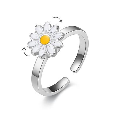 COLORFUL BLING Delicate Silver Cubic Zirconia Daisy Flower Butterfly Fidget Anxiety Rings for Women Adjustable Open Sunflowers Evil Eyes Stress Relief Stackable Rings-A daisy silver