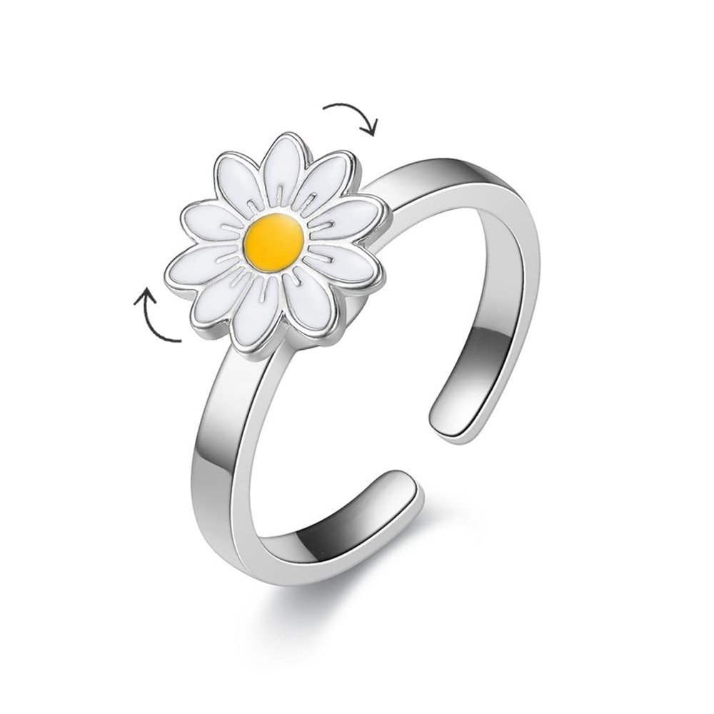 COLORFUL BLING Delicate Silver Cubic Zirconia Daisy Flower Butterfly Fidget Anxiety Rings for Women Adjustable Open Sunflowers Evil Eyes Stress Relief Stackable Rings-A daisy silver