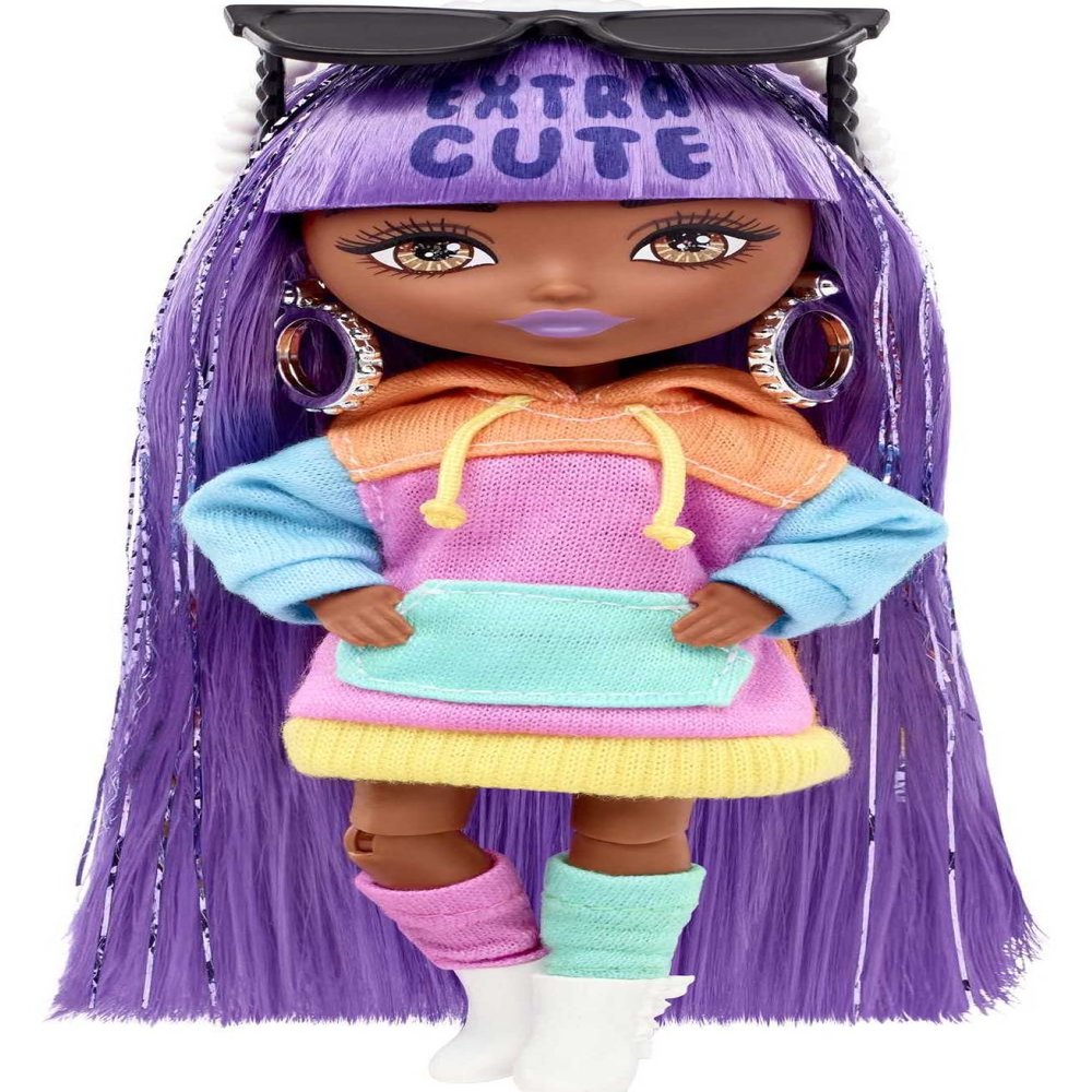 Barbie Extra Minis Doll & Accessories with Purple & Silver Hair Wearing Color-Block Hoodie Dress & Boots, 5.5-inch