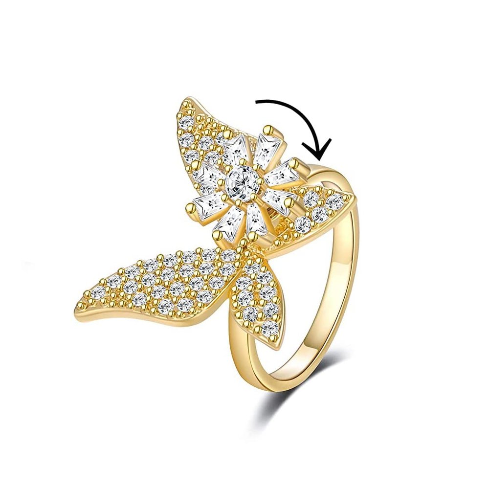 COLORFUL BLING Cute Butterfly Moon Star Spinner Fidget Rings for Anxiety for Women Adjustable Open Cubic Zircon Stackable Ring for Stress Relief Meditation Jewelry Gift-Butterfly Gold