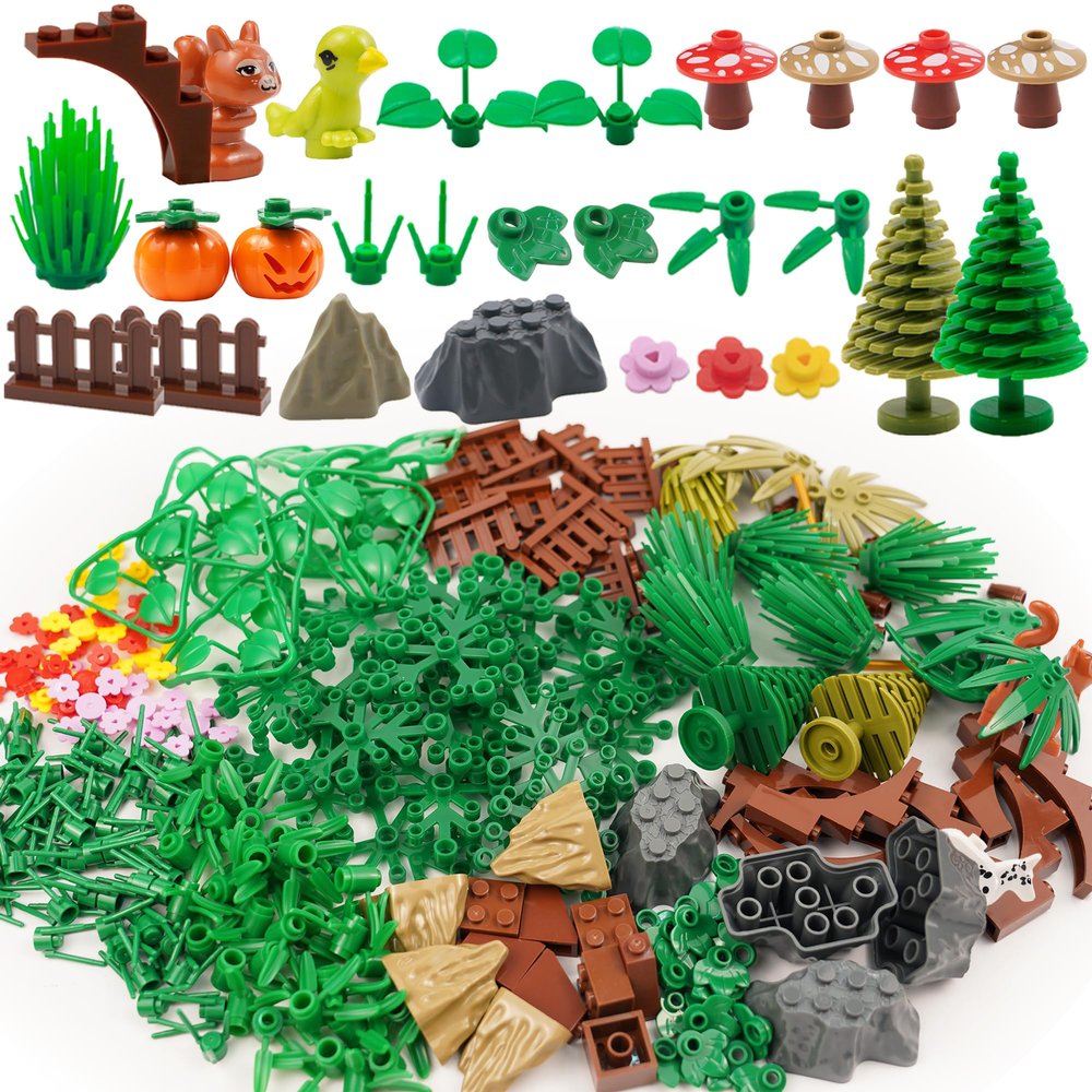 BroTex Plants Tree Accessories Jungle - Botanical Parts Bricks Flower Leaf Forest Flower Plants Pieces Building Blocks Set, Animals Farm Squirrel Birds Grass Garden House Toy (Without Baseplate)