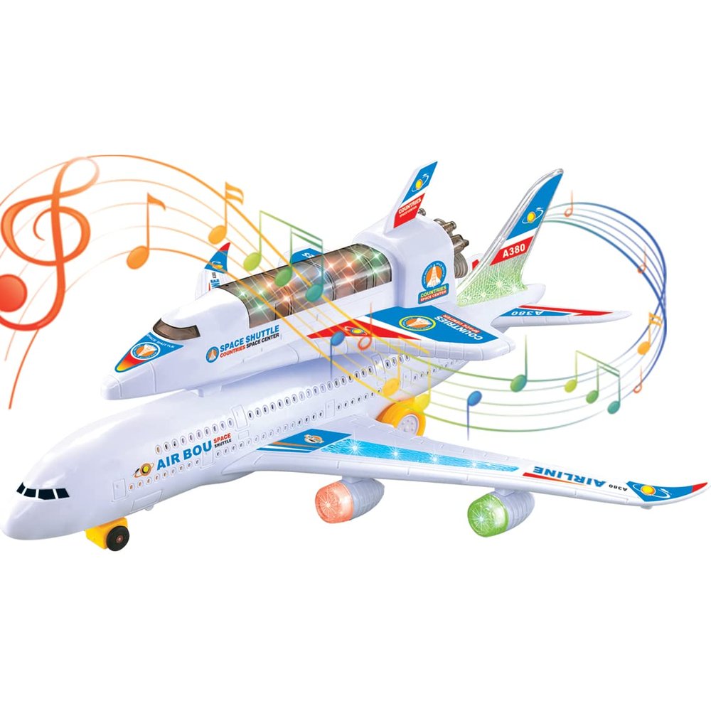 Electric Airplane Space Shuttle Carrier Transporter Bump and Go Kids Action Toy - Big Model Jumbo Jet with Flashing 3D Lights and Realistic Aircraft Plane Sounds
