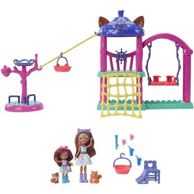 Enchantimals City Fun Playground Playset with 2 Sibling Small Dolls, 2 Animal Figures & Accessories, City Tails Toy Set with Sibene Squirrel
