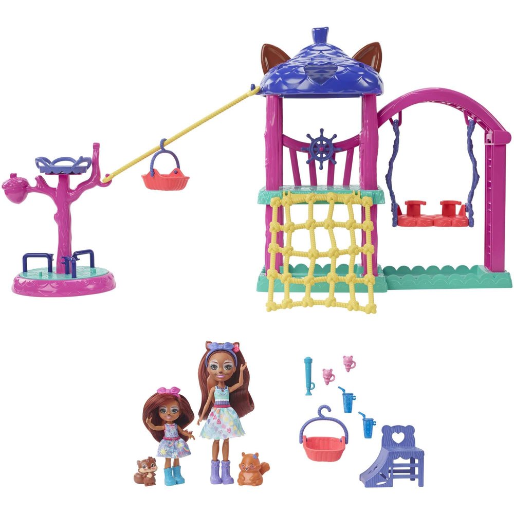 Enchantimals City Fun Playground Playset with 2 Sibling Small Dolls, 2 Animal Figures & Accessories, City Tails Toy Set with Sibene Squirrel