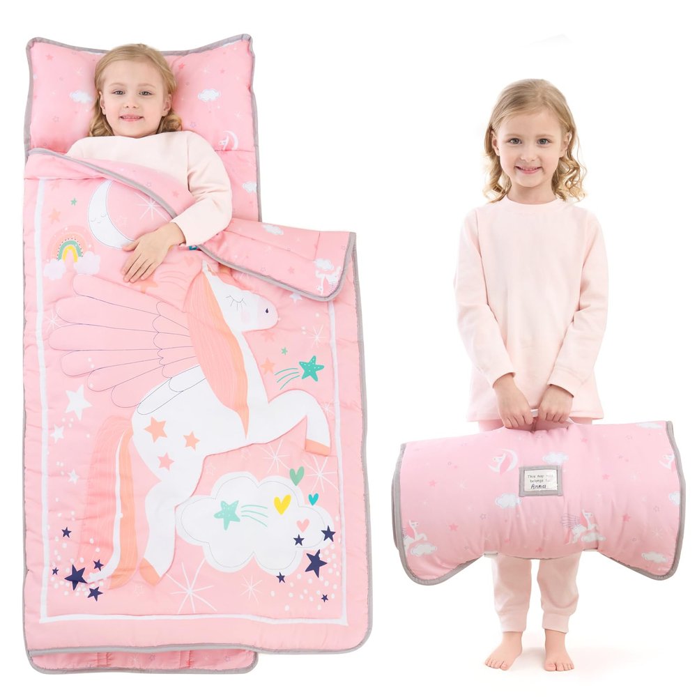 UOMNY Toddler Nap Mat - 1 Pack Girls Sleeping Bag with Removable Pillow - Unicorn 53x21Inch Kids Preschool Nap Sack with Pillow Pink Girls Napper Nap Mats for Daycare Napping Bag for Girls