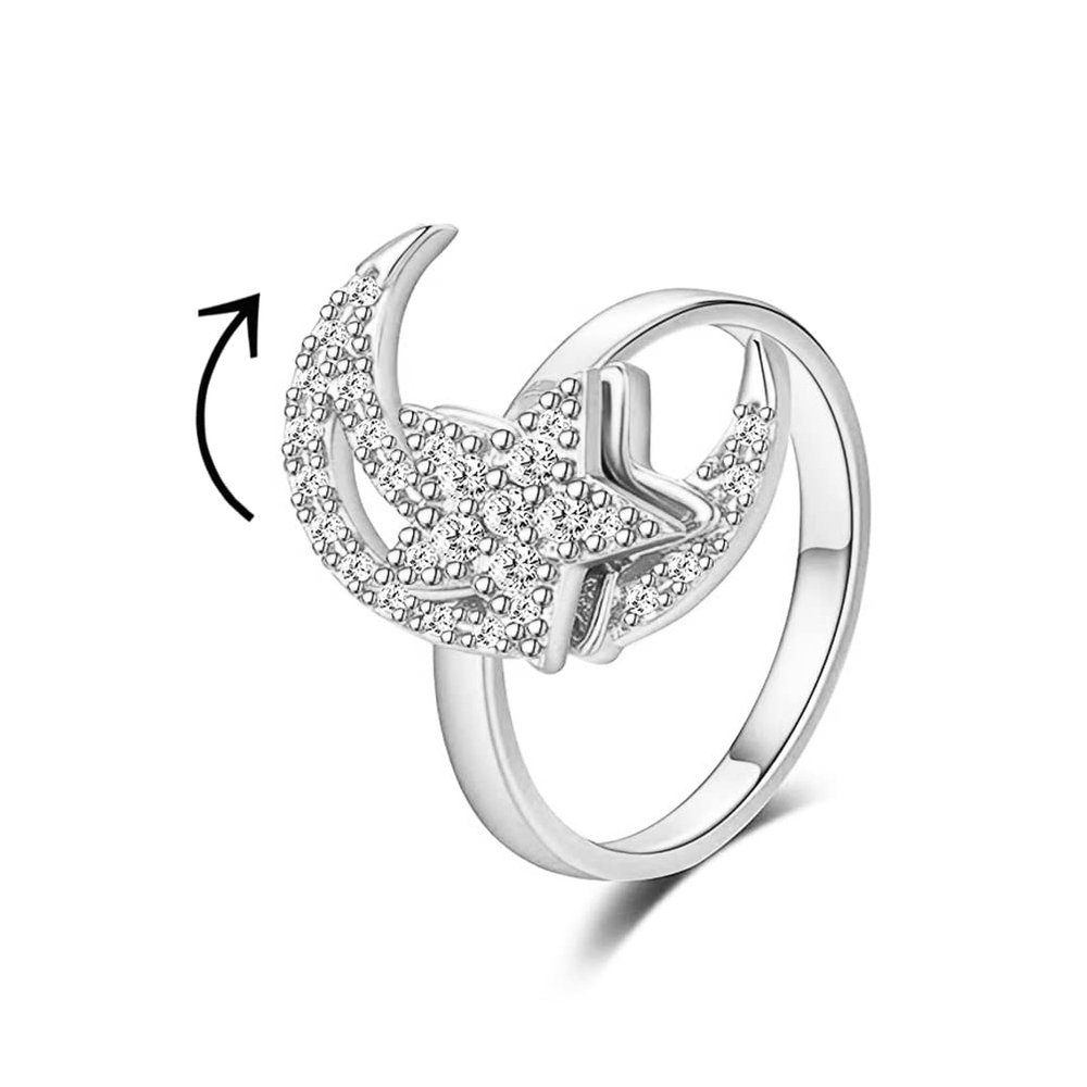 COLORFUL BLING Cute Butterfly Moon Star Spinner Fidget Rings for Anxiety for Women Adjustable Open Cubic Zircon Stackable Ring for Stress Relief Meditation Jewelry Gift-Moon Silver