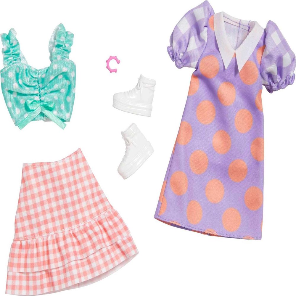 Barbie Fashions 2-Pack Clothing Set, 2 Outfits Doll Include Polka Dot Blouse & Gingham Skirt, Polka Dot Dress & 2 Accessories