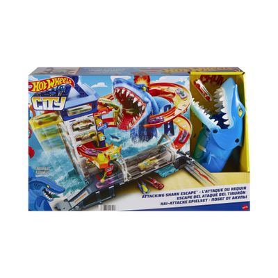Hot Wheels City Toy Car Track Set, Attacking Shark Escape Playset with 1:64 Scale Vehicle, Multiple Levels, Kid-Powered Lift, Race to Escape, Storage
