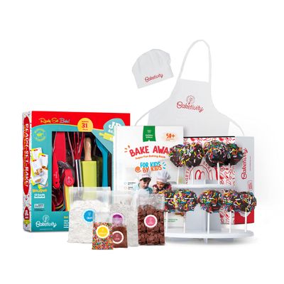 Baketivity 4 in 1 Kids Baking Set Mega Kit - Cake Pop Kit with Stand - Kids Apron and Chef Hat Set - Bake Away Cookbook - Cooking Real Utensils - Baking Gifts for Girls & Boys