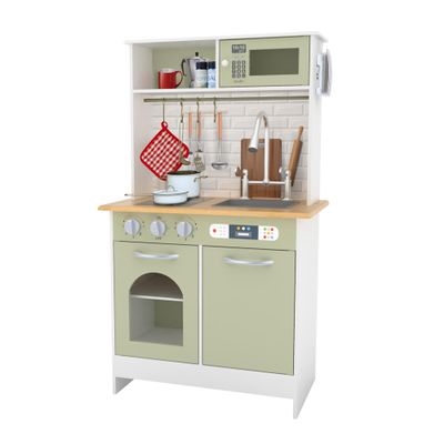Teamson Kids Little Chef Wooden Play Kitchen Set Farmhouse Green White Pretend Kitchen for Kids with Interactive Knobs Doors Sink Hooks 9-Piece Accessories Toy Kitchen for Toddlers Ages 3+