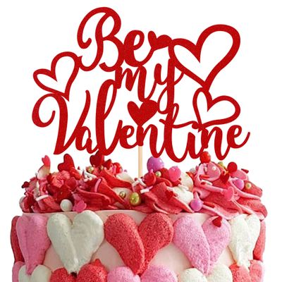 1 Pack Be My Valentine Cake Topper with Glitter Sweet Love Heart Valentine's Day Cake Picks Happy Valentine's Day Theme Wedding Bridal Shower Birthday Party Cake Decorations Supplies Red