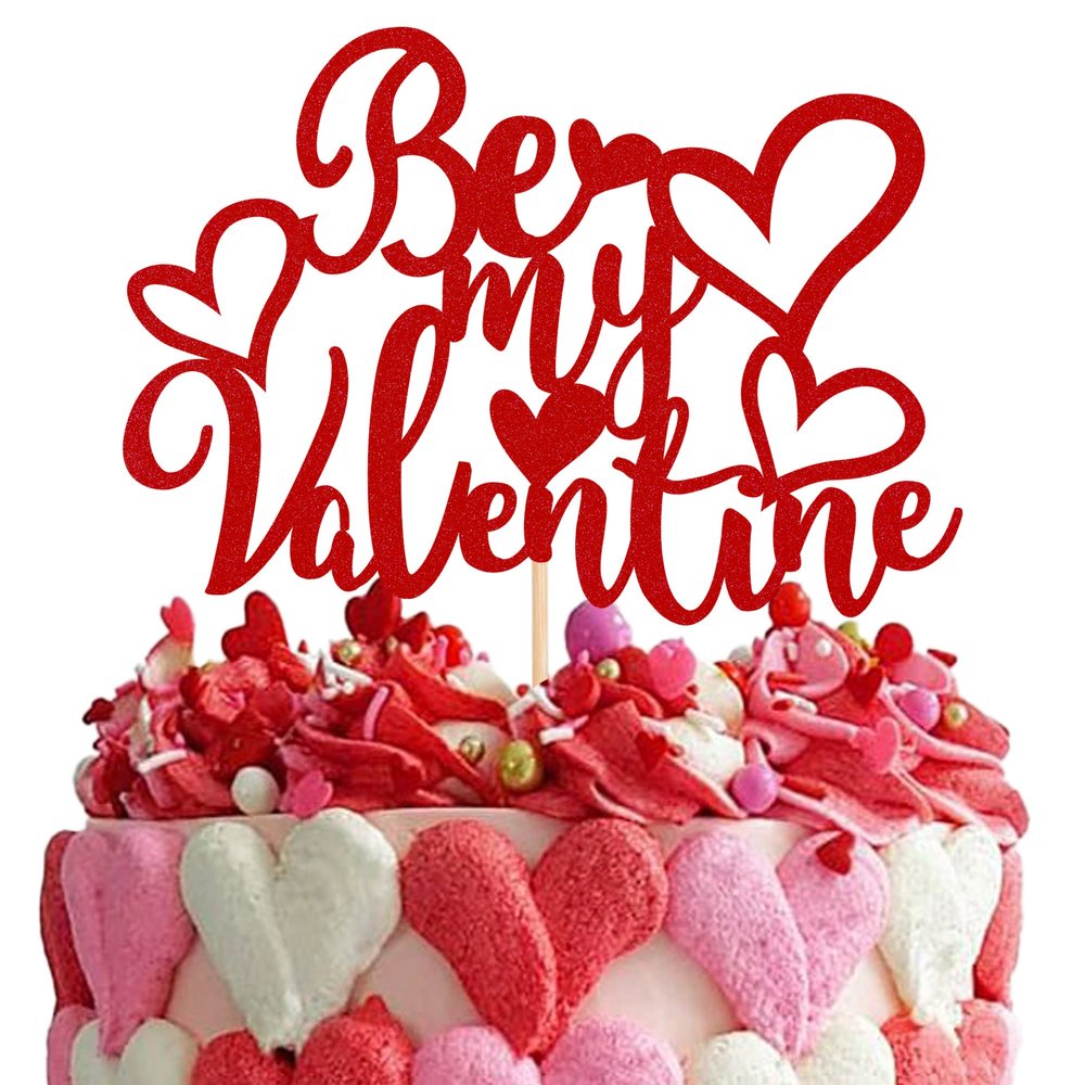 1 Pack Be My Valentine Cake Topper with Glitter Sweet Love Heart Valentine's Day Cake Picks Happy Valentine's Day Theme Wedding Bridal Shower Birthday Party Cake Decorations Supplies Red