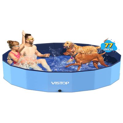VISTOP Jumbo Foldable Dog Pool, Hard Plastic Shell Portable Swimming Pool for Dogs Cats and Kids Pet Puppy Bathing Tub Collapsible Kiddie Pool (77inch.D x 15.7inch.H, Blue)