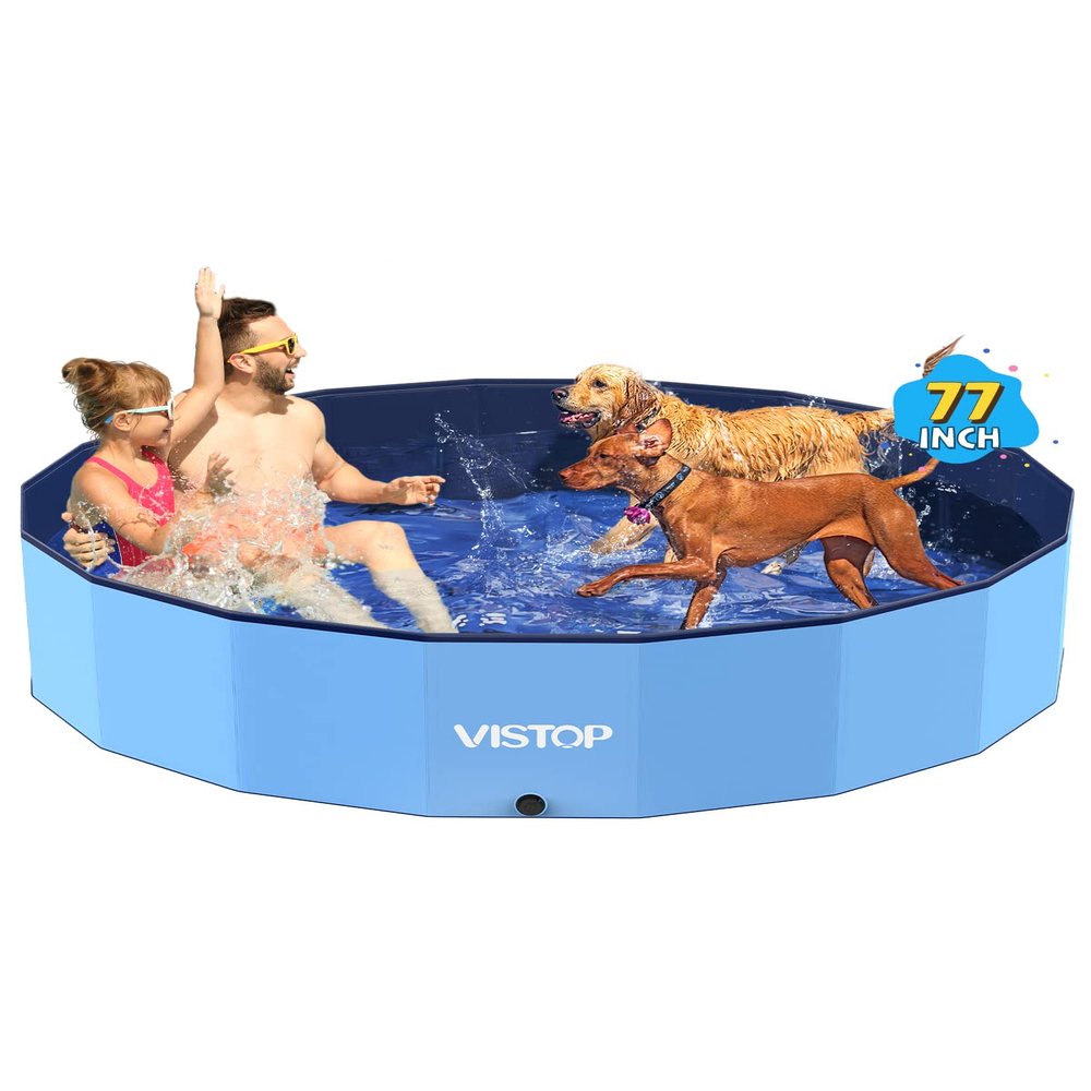 VISTOP Jumbo Foldable Dog Pool, Hard Plastic Shell Portable Swimming Pool for Dogs Cats and Kids Pet Puppy Bathing Tub Collapsible Kiddie Pool (77inch.D x 15.7inch.H, Blue)