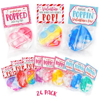 Valentine's Day Cards and Gifts for Kids - 24 Mini Heart Pop Fidget Toys Bulk - Exchange Cards for Classroom School Party Favors - Toddlers Girls Boys Age 3 Year and Up