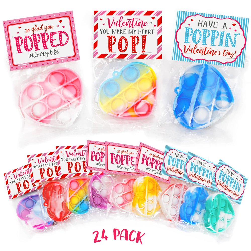 Valentine's Day Cards and Gifts for Kids - 24 Mini Heart Pop Fidget Toys Bulk - Exchange Cards for Classroom School Party Favors - Toddlers Girls Boys Age 3 Year and Up