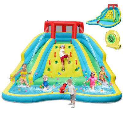 HONEY JOY Inflatable Water Slide, Giant Kids Water Park w/ 2 Long Slides & Climbing Wall, Water Hoses & Cannon, Large Splash Pool, Outdoor Blow Up Waterslides for Backyard(with 750w Blower)