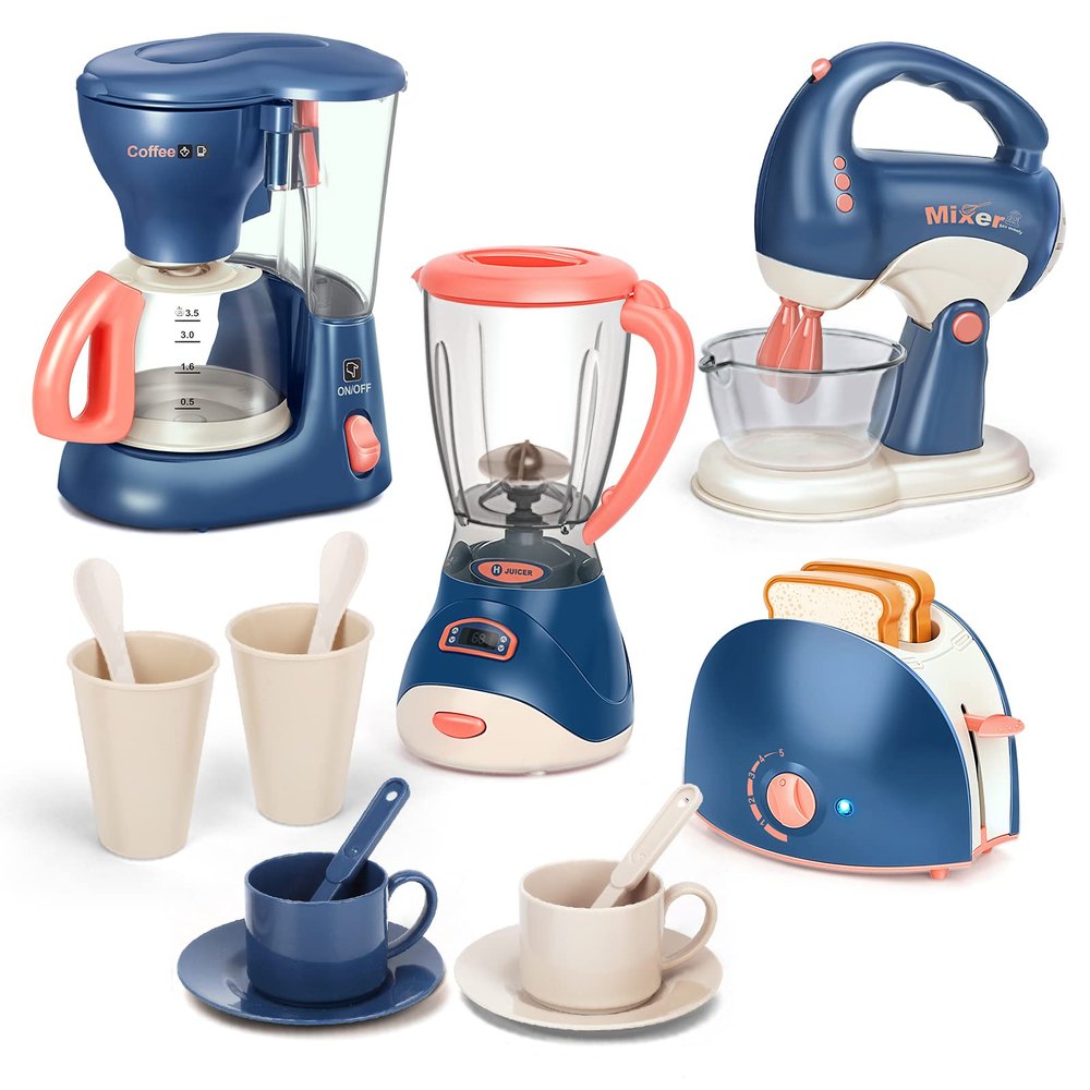 Yalujumb Pretend Play Kitchen Appliances Toy Set with Coffee Maker Machine,Blender, Mixer and Toaster with Realistic Light and Sounds for Kids Ages 4-8