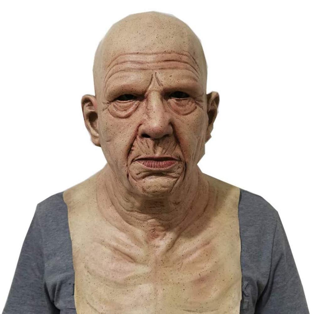 Taiping Lake 3D Halloween Headgear Old Man Face Cover Costume Latex Mask Horror Party Elderly Man Head Cover Mask Realistic Human Horror Headgear for Party Props