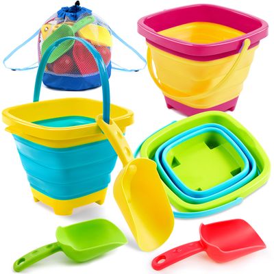 Sloosh 3 PCS Foldable Buckets with 3 Shovels Sand Water Bucket Sandbox Square Party in Summer Foldable Pail Silicone Collapsible Bucket Kids Beach Toys Travel (Yellow/Blue/Green)