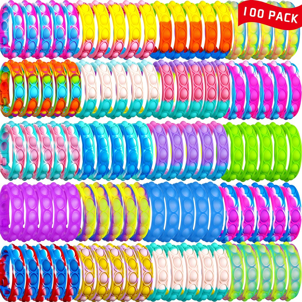 DOPWQAA 100PCS Pop Fidget Bulk Bracelets Toys, Fidget Popper Bracelet Pack, Durable and Adjustable, Multicolor Pop Bracelet Finger Press Bracelet for Kids and Adults Bulk Toys Bulk Fidgets