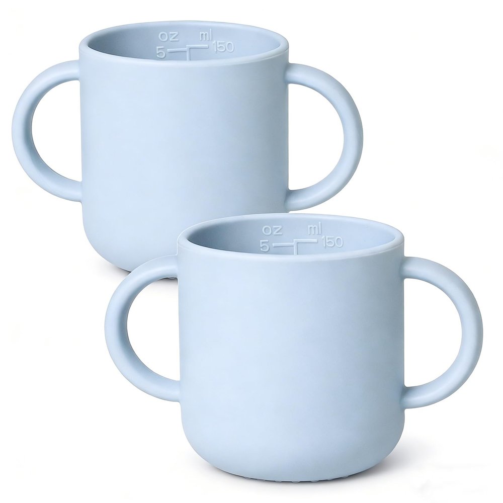 ROCCED Silicone Tiny Cups for Baby Silicone Baby Drinking Cups with 2 Handles, Toddler Training Cup Easy Grip for 6 Months+ 150ml/5oz 2 Pics-Deep Sky