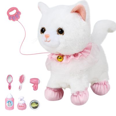 Jimate Interactive Electronic Plush Toy Walking and Barking Robot Cat Plush Cat Remote Control Kitten for Girls (White Cat)