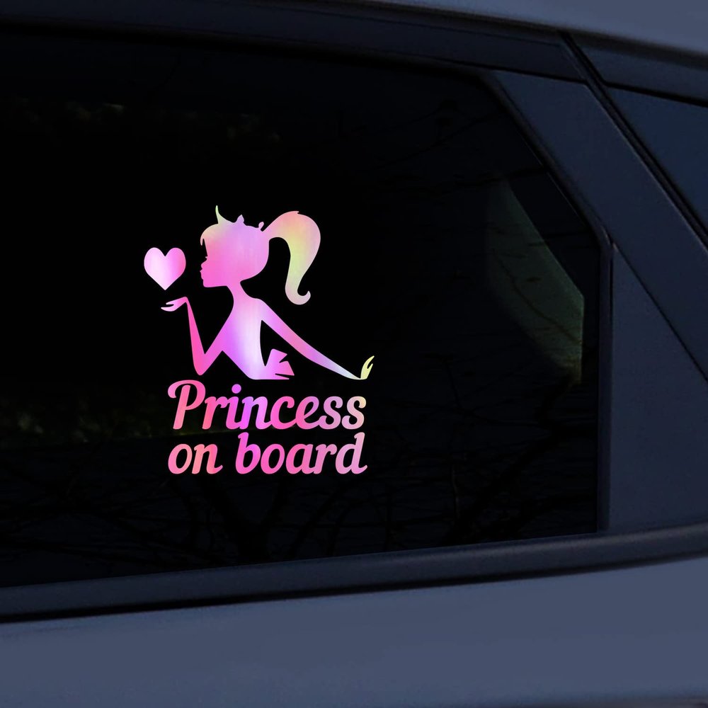 2pcs Princess on Board Sticker for Cars, Vesvory Baby on Board Safety Warning Stickers Baby Girl in Car Bumper Decals for Cars SUV Cute Design Kids in Car Decal (Rainbow Laser Pink)