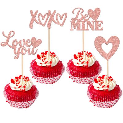24 Pack Valentine's Day Cupcake Toppers Glitter Love Heart XOXO Love You Be Mine Cupcake Food Picks Valentine's Day Theme Wedding Bridal Shower Birthday Party Cake Decorations Supplies Rose Gold