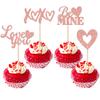 24 Pack Valentine's Day Cupcake Toppers Glitter Love Heart XOXO Love You Be Mine Cupcake Food Picks Valentine's Day Theme Wedding Bridal Shower Birthday Party Cake Decorations Supplies Rose Gold view 1
