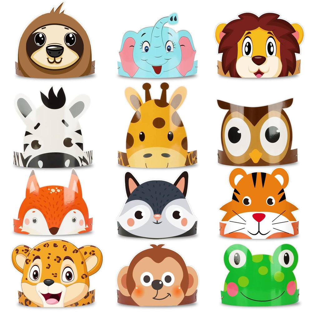 chiazllta 12 Pieces Jungle Safari Hats Wild Birthday Paper Crowns Zoo Animal Party Headbands for Kids, Jungle Photo Booth Props Favor Supplies Decorations