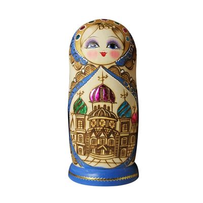 KKNH Matryoshka Russian Matryoshka 10-Story Wooden Hand-Painted Cute Blue Building Russian Nesting Dolls Educational Toy Blessing Gift