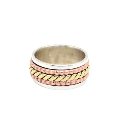 925 Sterling Silver Spinner Ring with Brass and Copper Ring, Thumb Ring, Anxiety Ring, Fidget Ring (13.5)