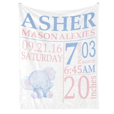 Yeshop Elephant Birth Information Personalized Receiving Baby Blankets for Girls Boys Kids with Name,Customized Swaddle Blankets Gift for Newborn Crib Infants 30x40 Inches