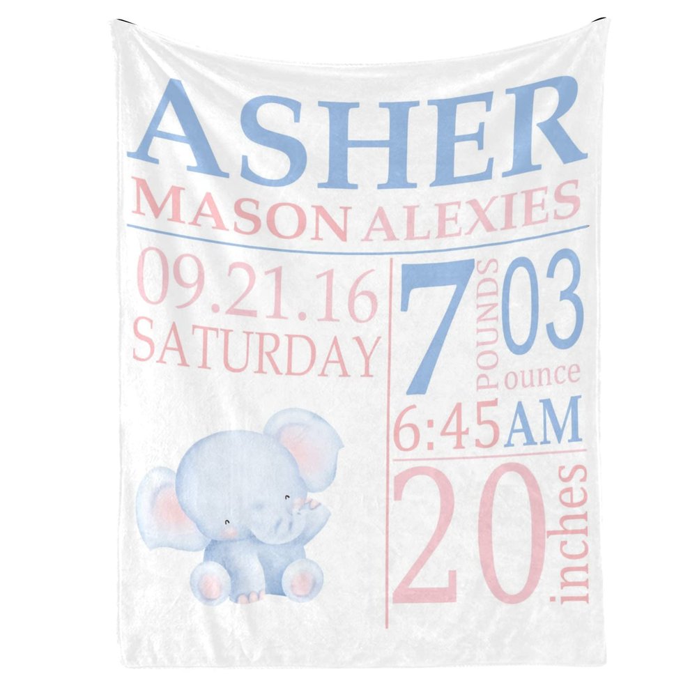 Yeshop Elephant Birth Information Personalized Receiving Baby Blankets for Girls Boys Kids with Name,Customized Swaddle Blankets Gift for Newborn Crib Infants 30x40 Inches