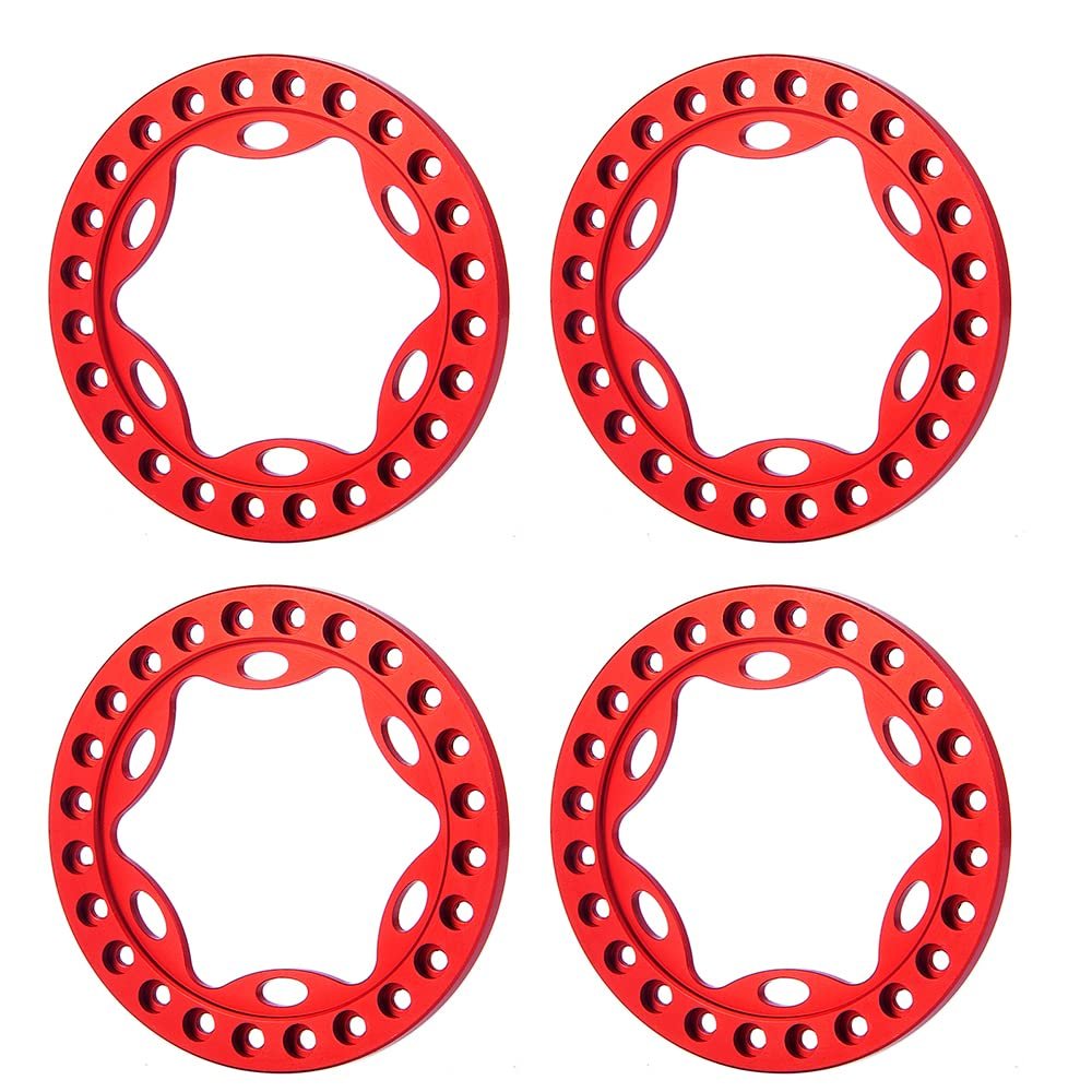 RCLIONS 4pcs Aluminum Alloy 1.9inch RC Beadlock Wheel Rim Replacement Ring for 1:10th RC Crawler Car 1.9" Wheels/Rims (Red)