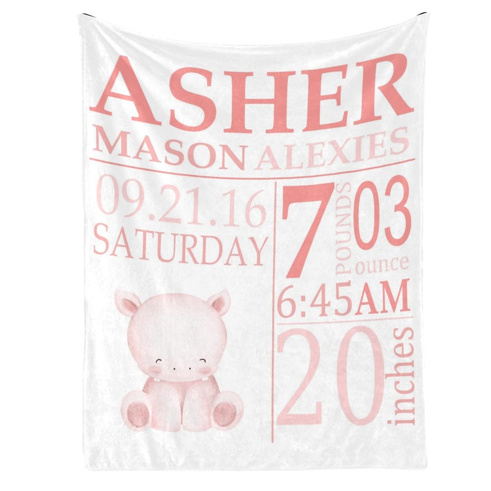 Yeshop Hippo Birth Information Personalized Receiving Baby Blankets for Girls Boys Kids with Name,Customized Swaddle Blankets Gift for Newborn Crib Infants 30x40 Inches