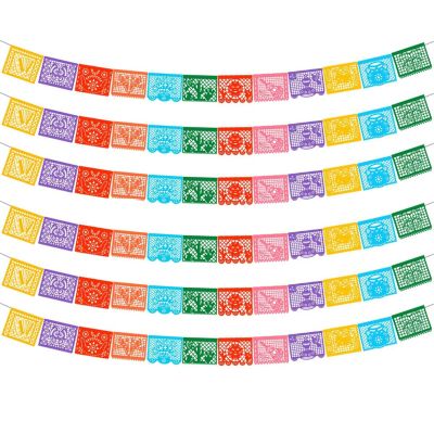 6 Packs Mexican Banners 132 Ft(22ft x 6) Papel Picado Banner, Large Plastic Mexican Fiesta Banners Cinco de Mayo Party Fiesta Decorations Mexican Themed Birthday Party Supplies 12 Patterns with String