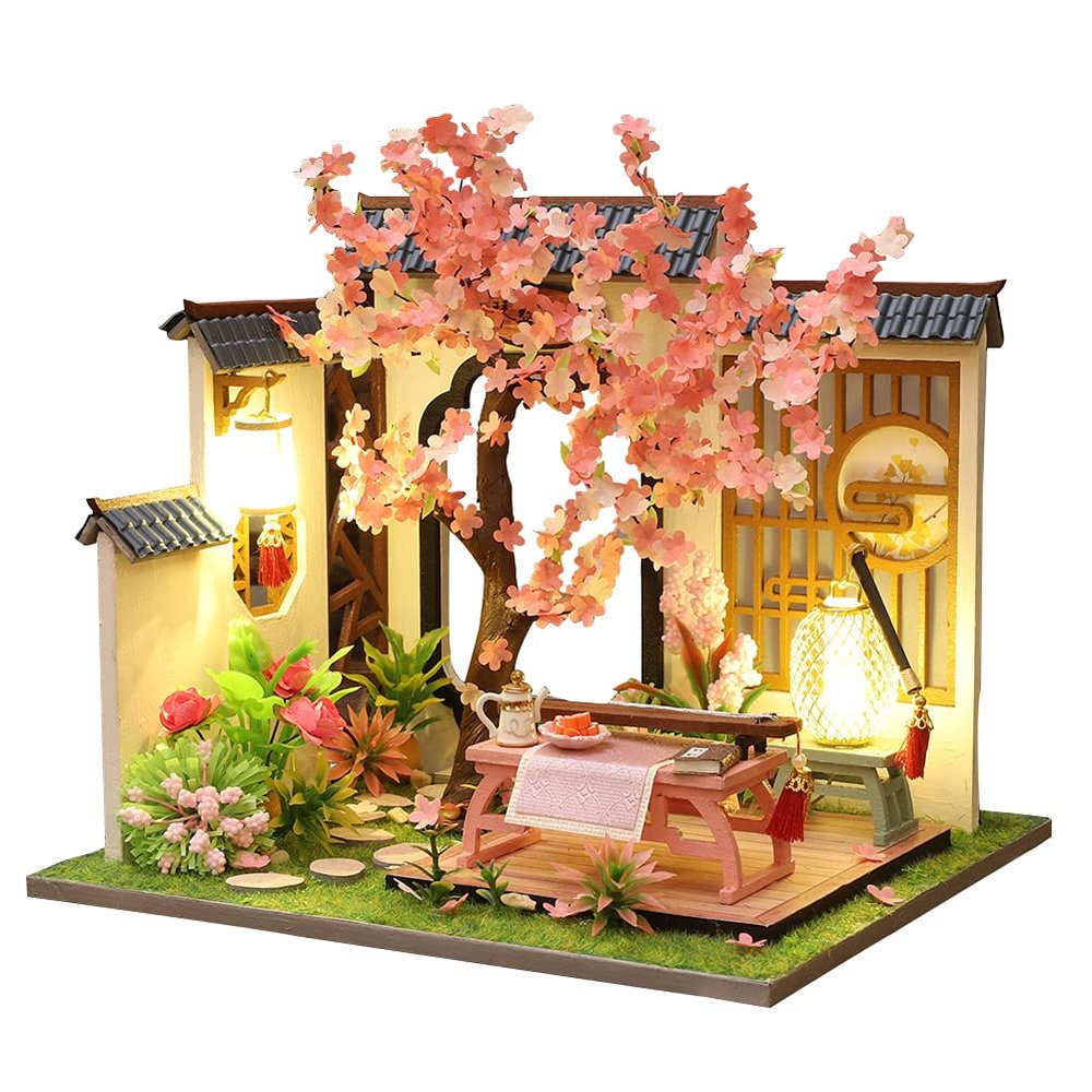 Montidey Chinese Style Lute-Playing, Chess, Calligraphy, and Painting,Wooden Miniature Dollhouse Kit with Furniture,DIY Antique Courtyard Model Dollhouse Puzzle Craft Gift (Lute-Playing)